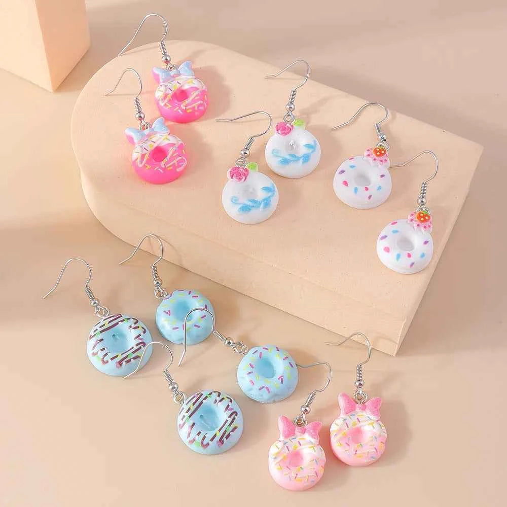 5pairs /Set Cute Sweet Donut Drop Earrings for Women Girls Simulation Food Dangle Earrings Kids Jewelry Gifts