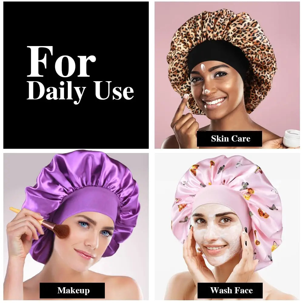 2pcs Women's Fashion Bonnet Large Wide Edge Elastic Hat Casual Silk Smooth Tint Suitable for Curled Straight Hair Sleeping Hat - NamafadStore