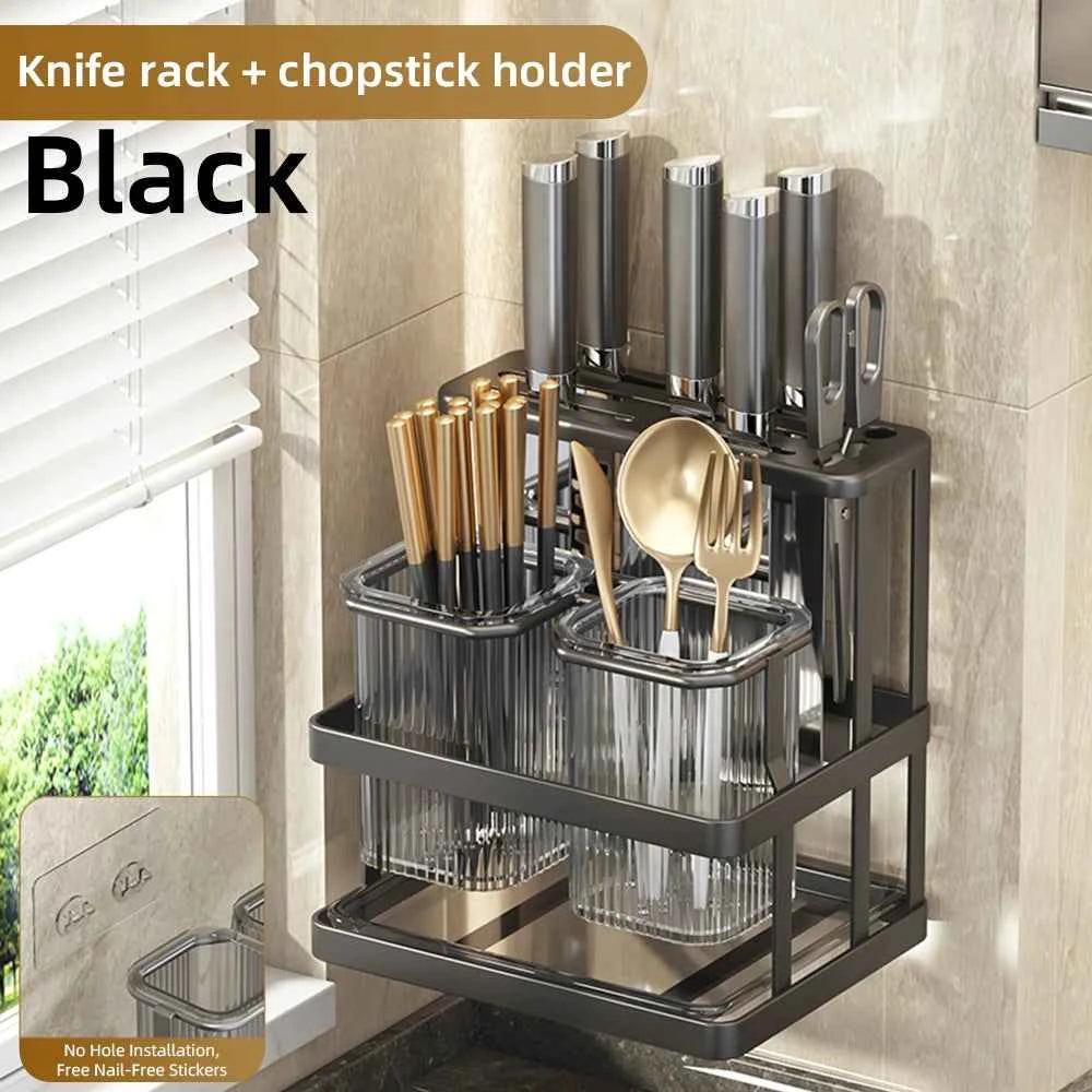 Wall Mounted Kitchen Cutlery Organizer Knife Spoon Fork Chopstick Drain Rack Drainer Utensil Kitchen Storage Punching Free NEW