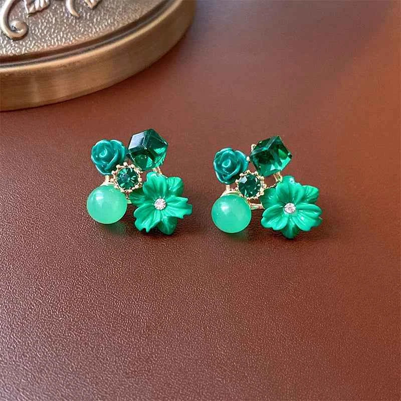 Yellow Purple Green Blue Flower Stud Earrings for Women Korean Fashion Acrylic Rhinestones Crystal Party Ear Jewelry Girls Gift