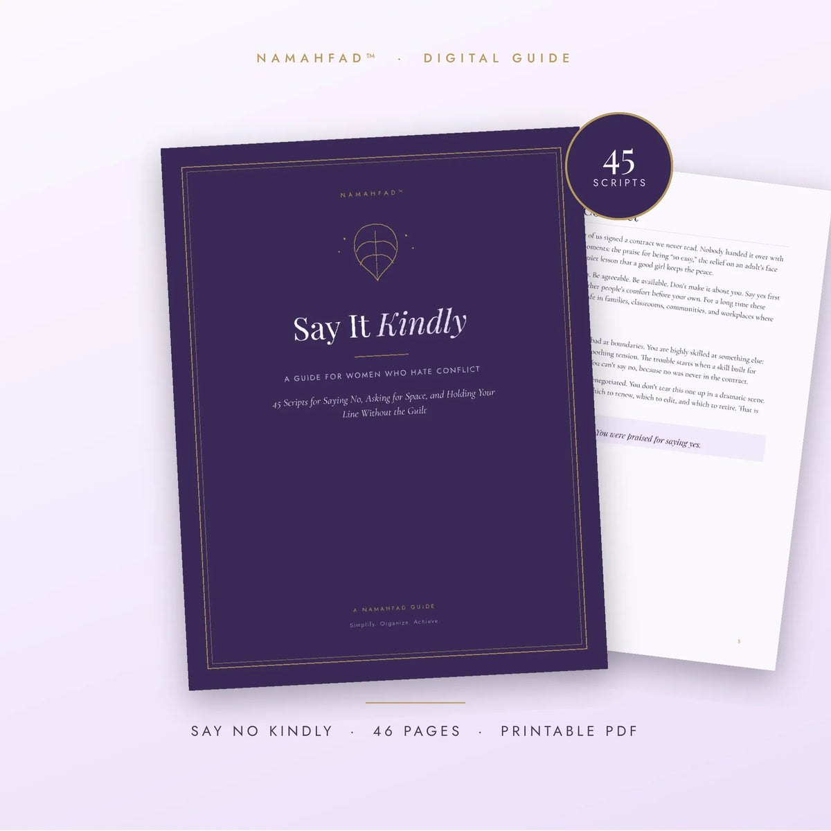 Digital guide cover for 'Say It Kindly' by Namah Fad, featuring a dark purple cover with gold border details and an open page showing text content, presented on a light lavender background with promotional text.