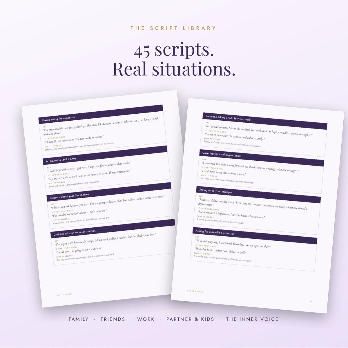 Two preview pages of a digital or printable script book titled 'The Script Library' displayed on a light lavender background. The pages feature dark purple headers with white text and are labeled '45 scripts.