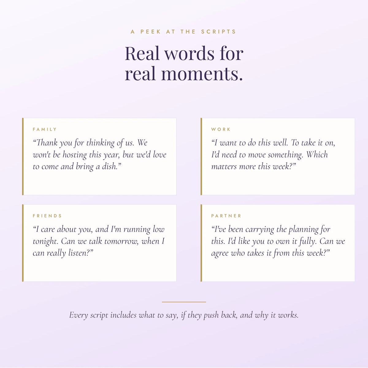 A digital graphic titled 'Real words for real moments.' with the subtitle 'A peek at the scripts.