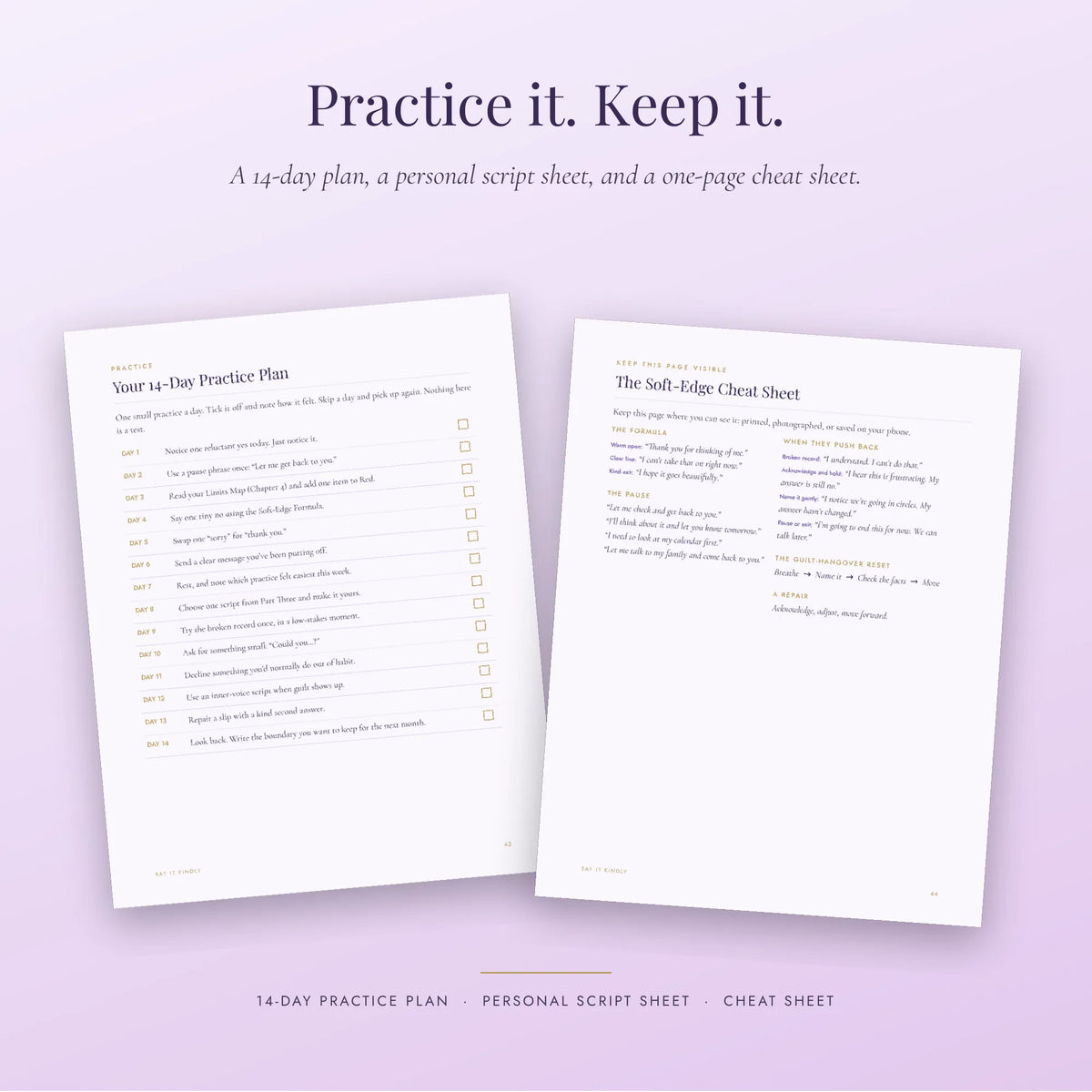 Two printed worksheet pages shown on a pale lavender background with headline text reading 'Practice it. Keep it.