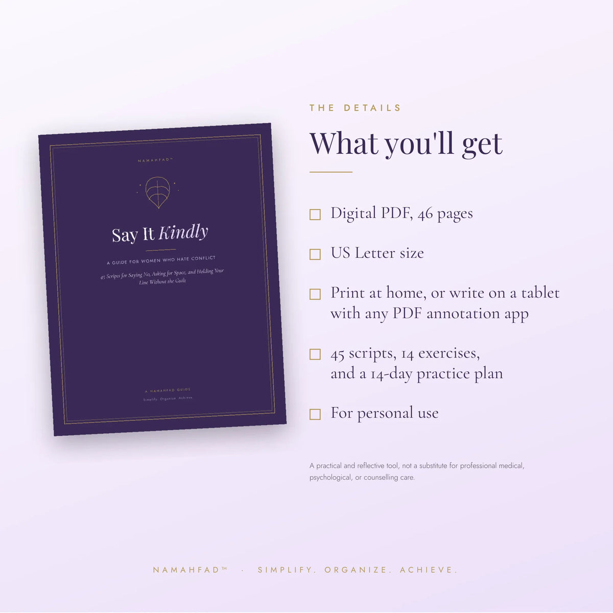 Promotional graphic for a digital PDF workbook titled 'Say It Kindly' by Namahad. On the left is a preview of the dark purple book cover with gold border and text.