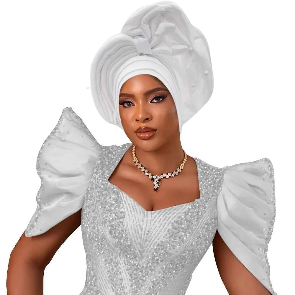 African Female Head Wraps Raw Silk Turban Cap for Women Nigeria Wedding Party Headcover Hat Ready to Wear Head Ties