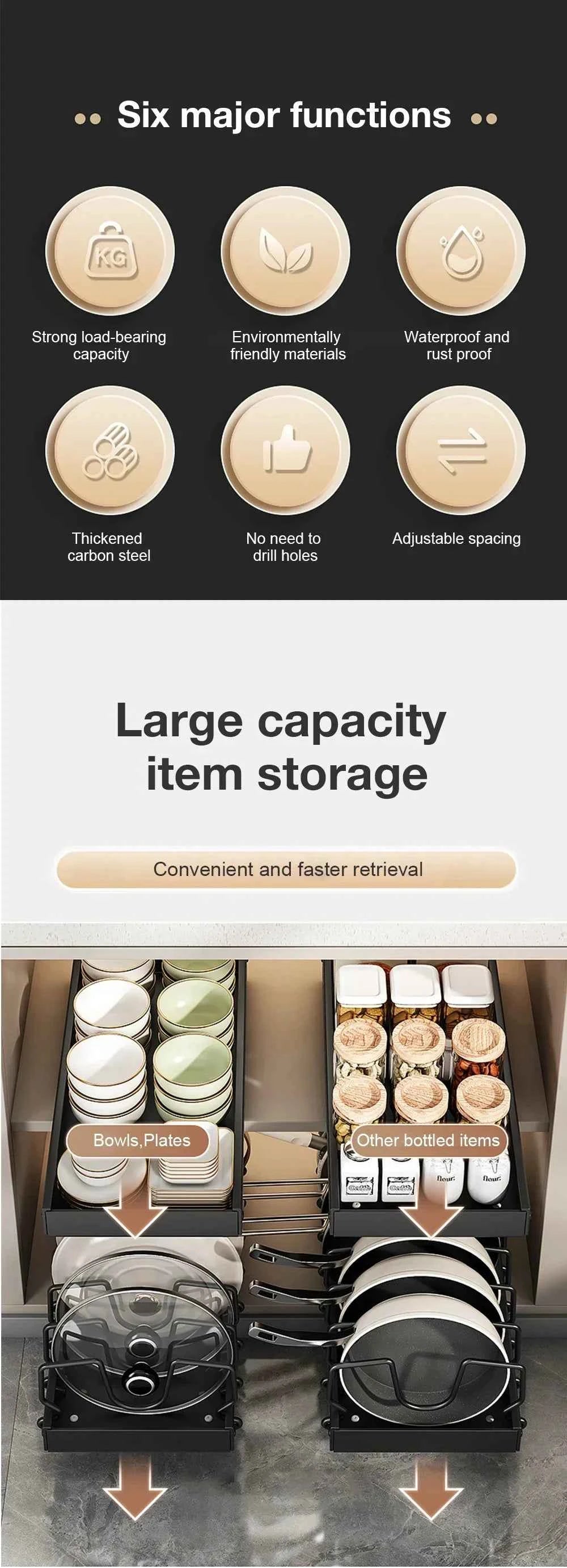 1Pc Kitchen Multifunctional Organizer Pull Out for Pots/Pans Sliding Lid Holder Spice Rack & Dish Drying Racks Drawer Organizer