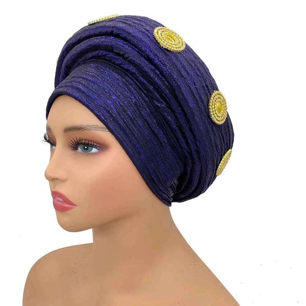 Already Made African Headtie Glitter Diamonds Women's Turban Cap Female Head Wraps Nigeria Wedding Auto Geles Party Headwear Hat