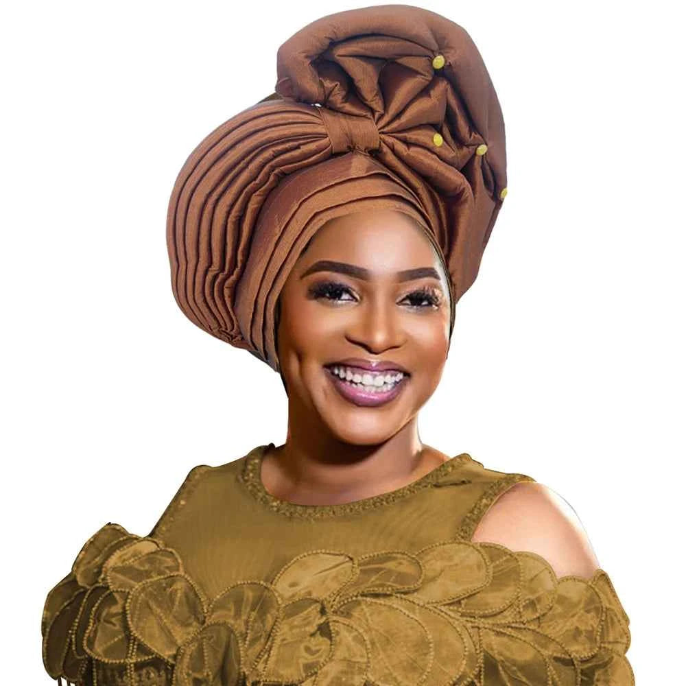 African Female Head Wraps Raw Silk Turban Cap for Women Nigeria Wedding Party Headcover Hat Ready to Wear Head Ties