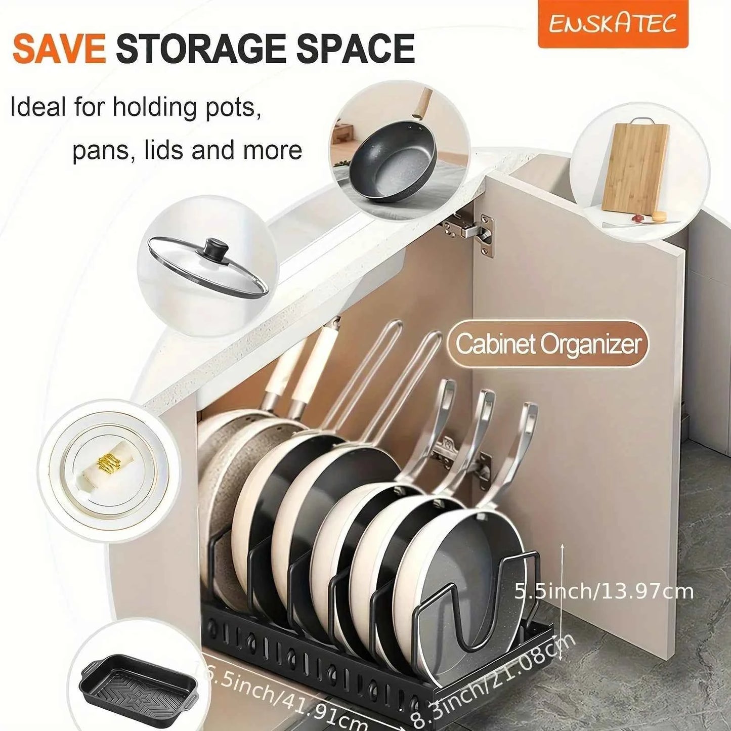 Adjustable Cookware Storage Rack, Kitchen Pull-out Shelf, Sliding Countertop and Dish Rack Inside Cabinets