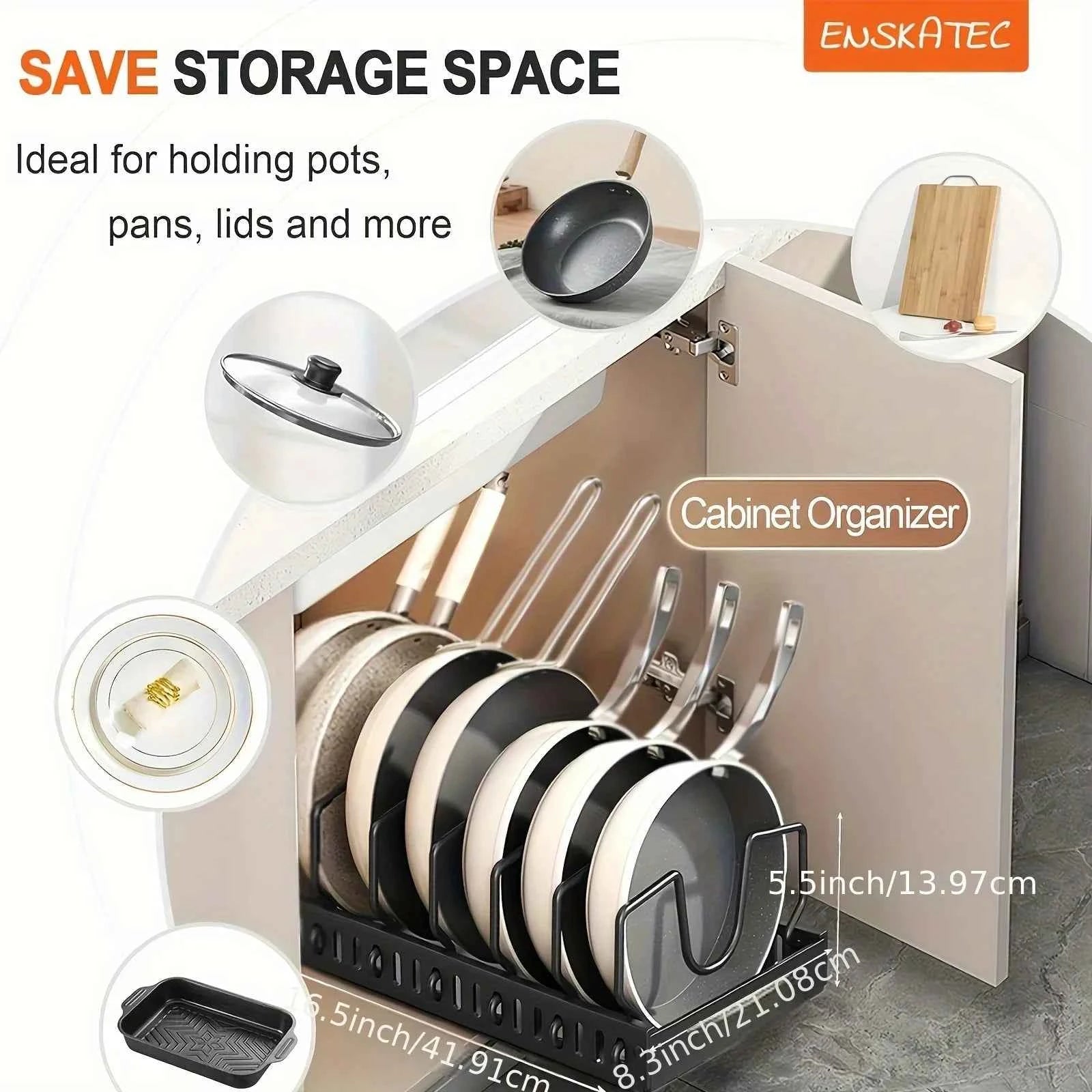 Adjustable Cookware Storage Rack, Kitchen Pull-out Shelf, Sliding Countertop and Dish Rack Inside Cabinets