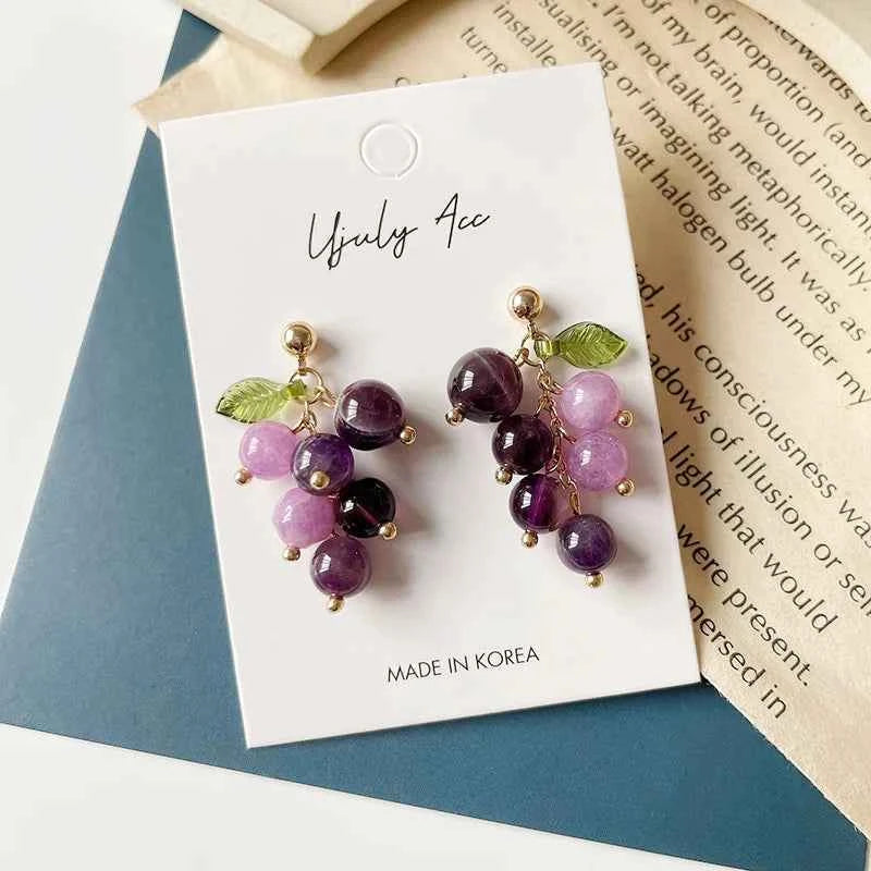 Non Pierced Ear Clips Japanese Green Grape Earrings Small Cute Transparent Fruit Cherry Clip on Earrings for Female Party Gifts