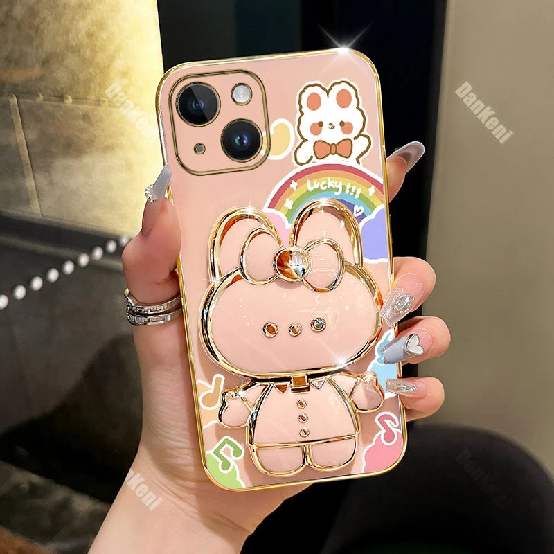 13 14 Lucky Rabbit Holder Bracelet Plating Phone Case For iPhone 13 14 12 15 Pro Max Mini 15 14 Plus XS XSMax XR X Cover