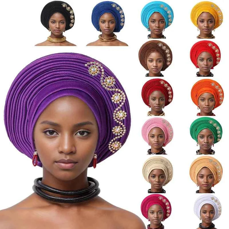 Nigerian Wedding Geles African Headtie Auto Gele Turbans for Women Aso Oke Fabric Muslim Headwear Headpiece Female Head Wraps