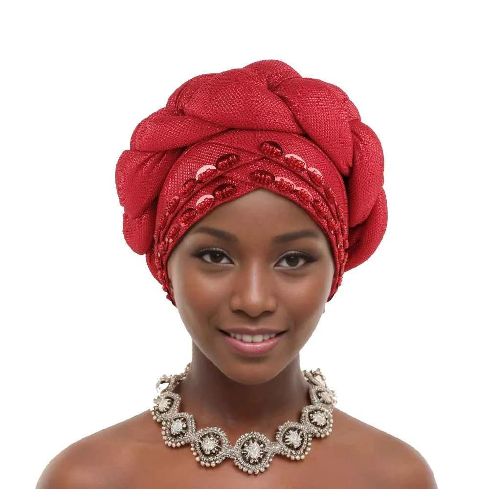 2025 Latest African Auto Gele Headtie Already Made Headties Shinning Turban Cap for Women Ready Nigerian Hijab Braid Head Wraps