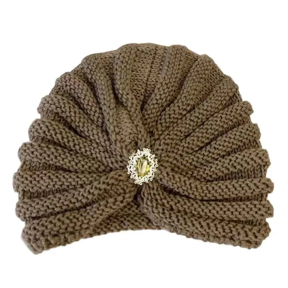 Fashion Winter Warm Hijab Caps Soft Thick Bohemia Turban Diamond Jewelry Wool Knitting Knitted Hats for Women