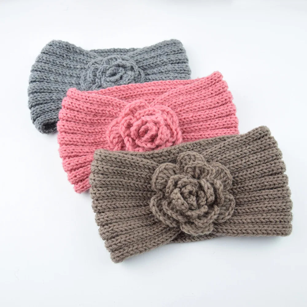 Women Rose Flower Knitted Headbands Women Autumn Winter Crochet Head Wrap wide Woolen Hairband Turban Bandana Hair Accessories - NamafadStore