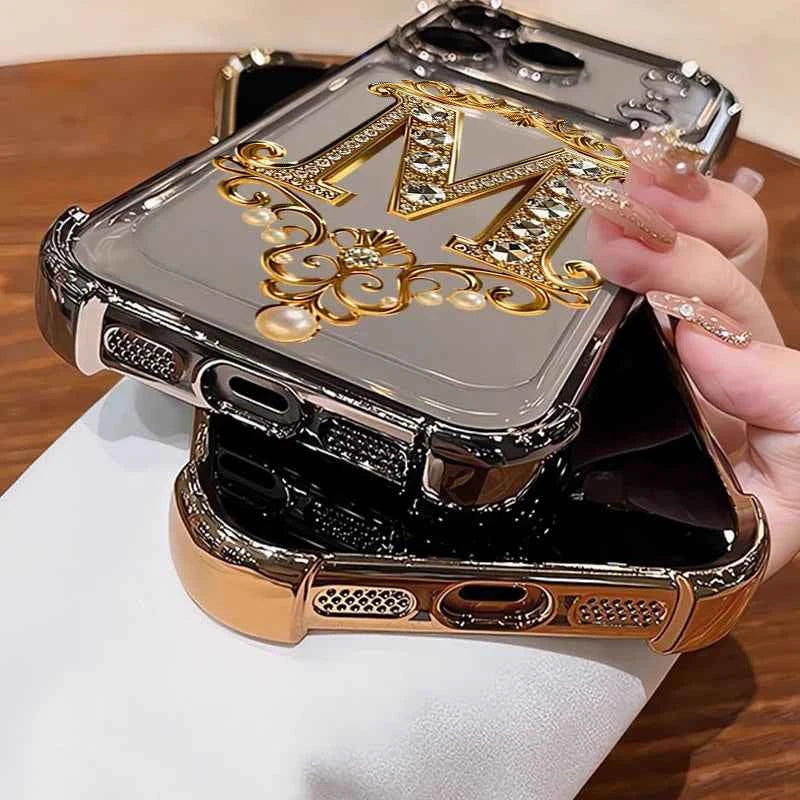 Diamond Golden "M" Pattern New Electroplated Transparent TPU Case For iPhone 17 Pro Max Air 16 15 14 Plus 11 12 13 Bumper Cover