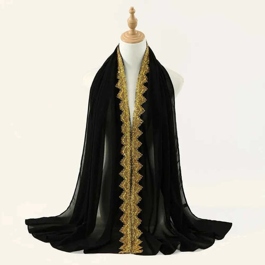 Luxury Silk Chiffon Hijab Scarf Long Gold Sequin Wraps Shawl Glitters Thin Islamic Turban Beach