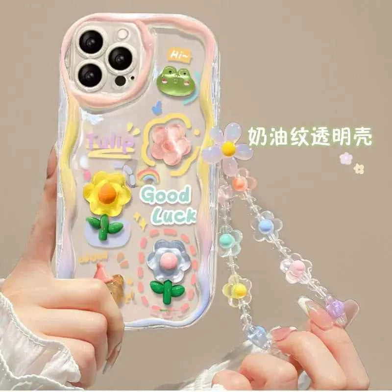 3D Cartoon Cute Flower Case For iPhone 16 15 14 Plus 13 12 Mini 11 Pro XR XS Max cover With Wrist Chain