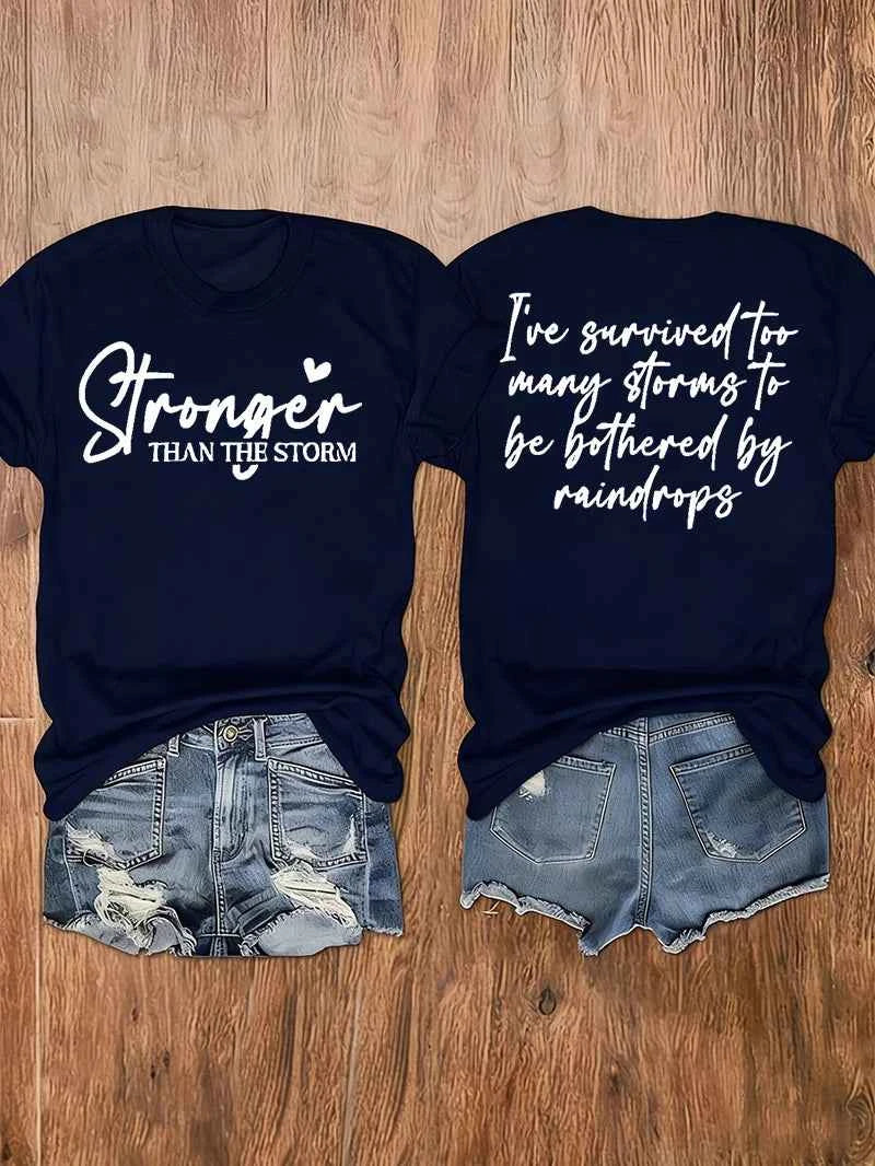 Women Summer Crew Neck Short Sleeve T-Shirt, Double Sided Inspirational Quote Print "Stronger Than The Storm", Casual Tee