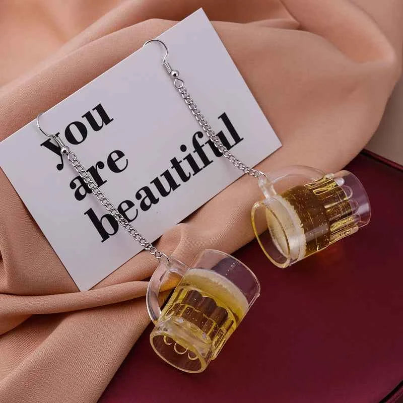 Fashion Simulation 3D Beer Cup Drop Earrings for Women Creative Drink Dangle Earrings Pub Party Jewelry Gifts