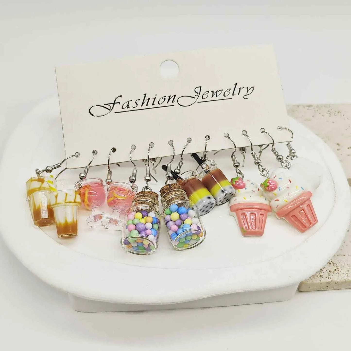 Cross border fashion cartoon resin simulation food and play ice cream milk tea earring set