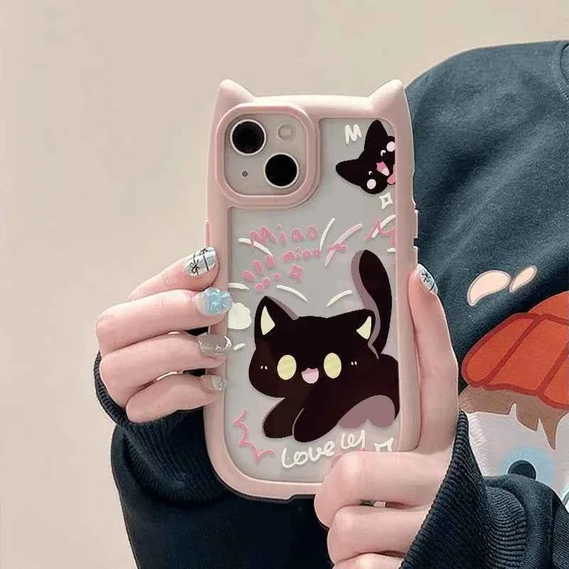 Cartoon Cute Cat Transparent Case for iPhone 15 16 14 13 17 Pro Max Plus 12 11 17 Air Cat's Ears Clear Shockproof Silicone Cover