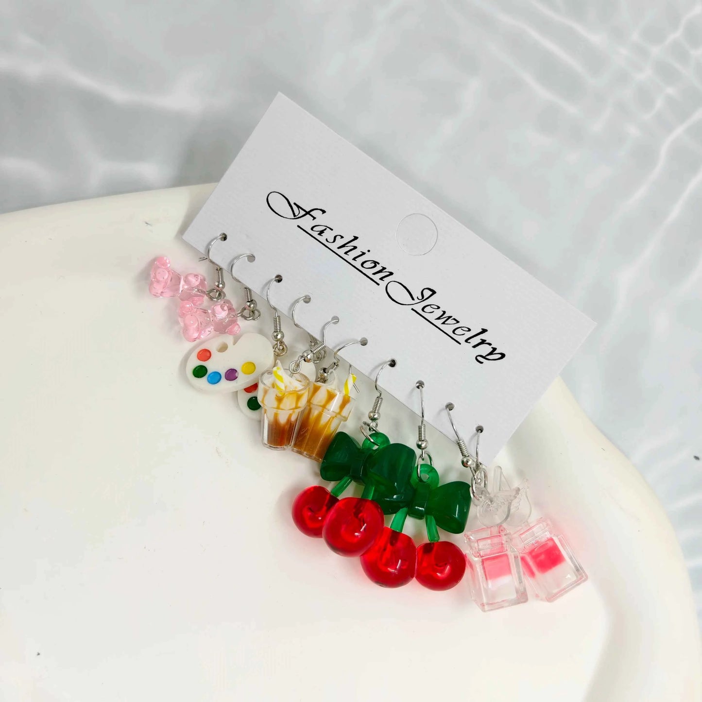 Small Fresh Candy colored Earrings Drawing Board Acrylic Colorful Little Bear Cherry Earnail Eardrop Set