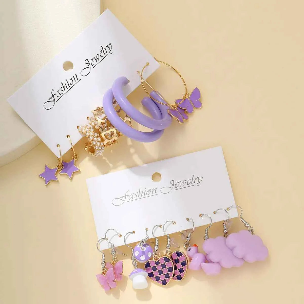 10pcs Set Of Ladies Earrings Purple Pentagram Creative Pearl Duck Mushroom Cartoon Earrings