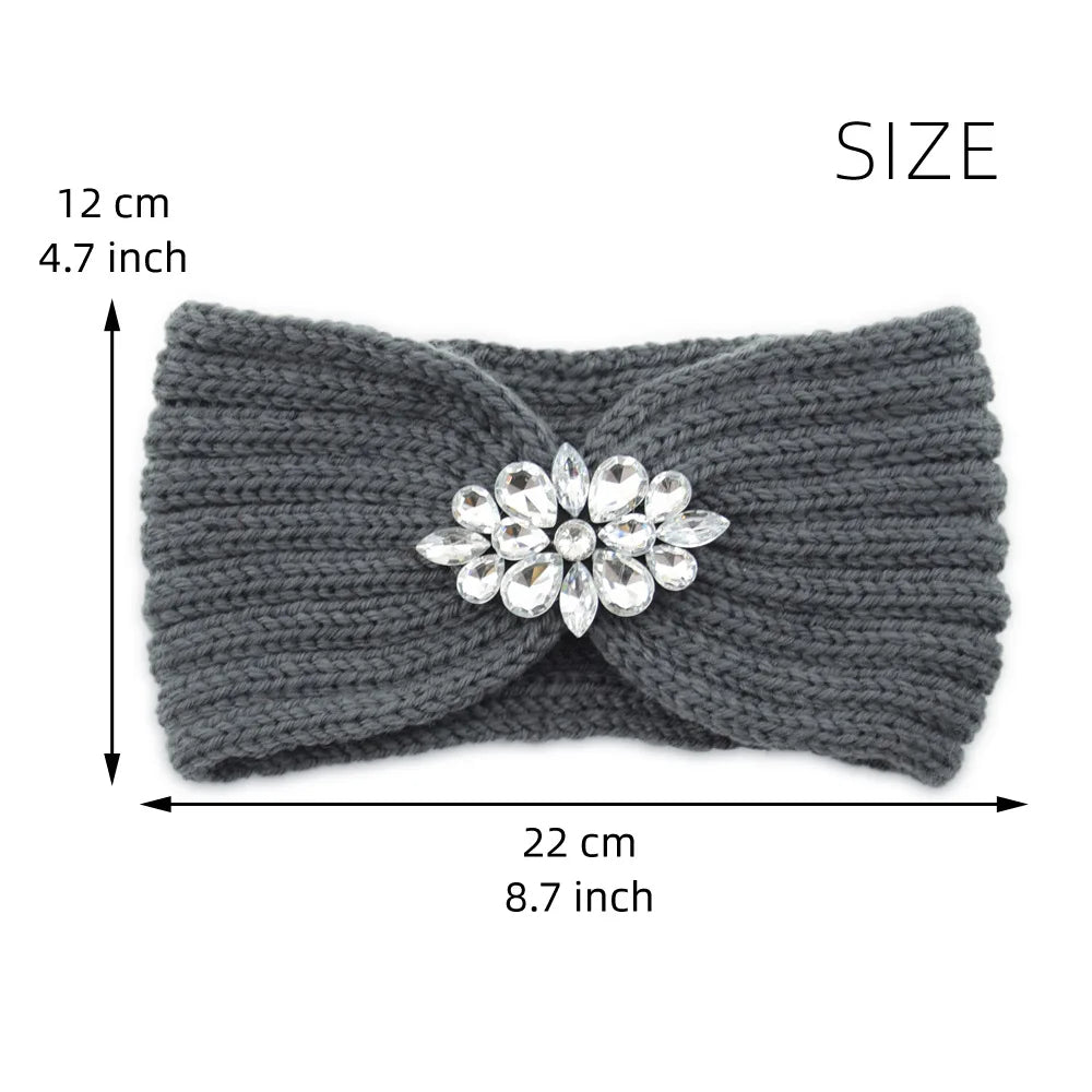 Elegant Women Rhinestone Knitted Hair Bands Ear Protection Headband Head Cover Face Washing Exercise Yoga Warm Wool Headwrap - NamafadStore
