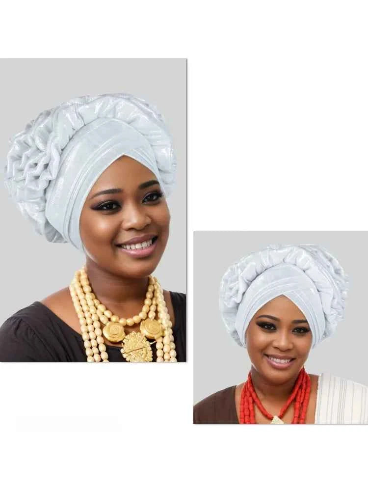 Women’s Glitter Pleated Turban Cap – Auto Gele Headtie African Wedding & Party Head Wrap