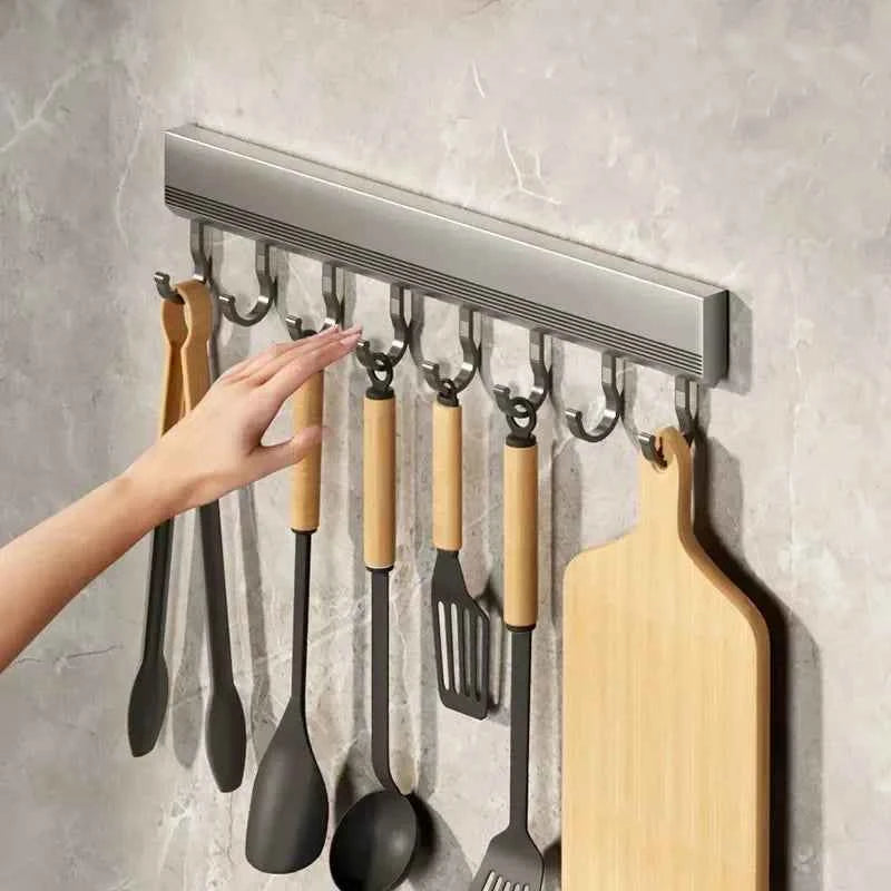 Kitchen Storage Rack Aluminum Alloy Hook Rack Wall Mounted Kitchen Utensil Storage Rack Bathroom Robe Towel Hanger
