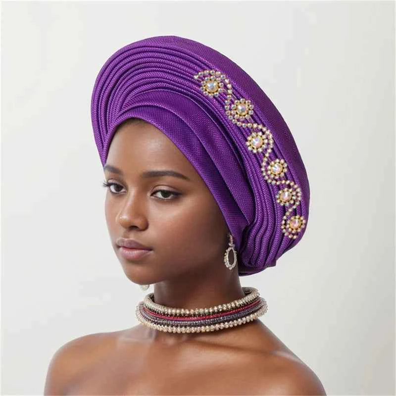Nigerian Wedding Geles African Headtie Auto Gele Turbans for Women Aso Oke Fabric Muslim Headwear Headpiece Female Head Wraps