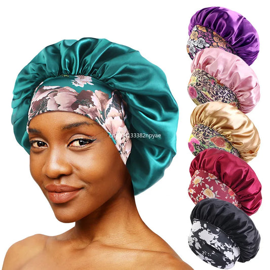 Women's Fashion Bonnet Flower Printed Hair Hat with Wide Edge Elastic Silk Smooth Satin Face for Daily Home Sleep Hat Hair Wrap