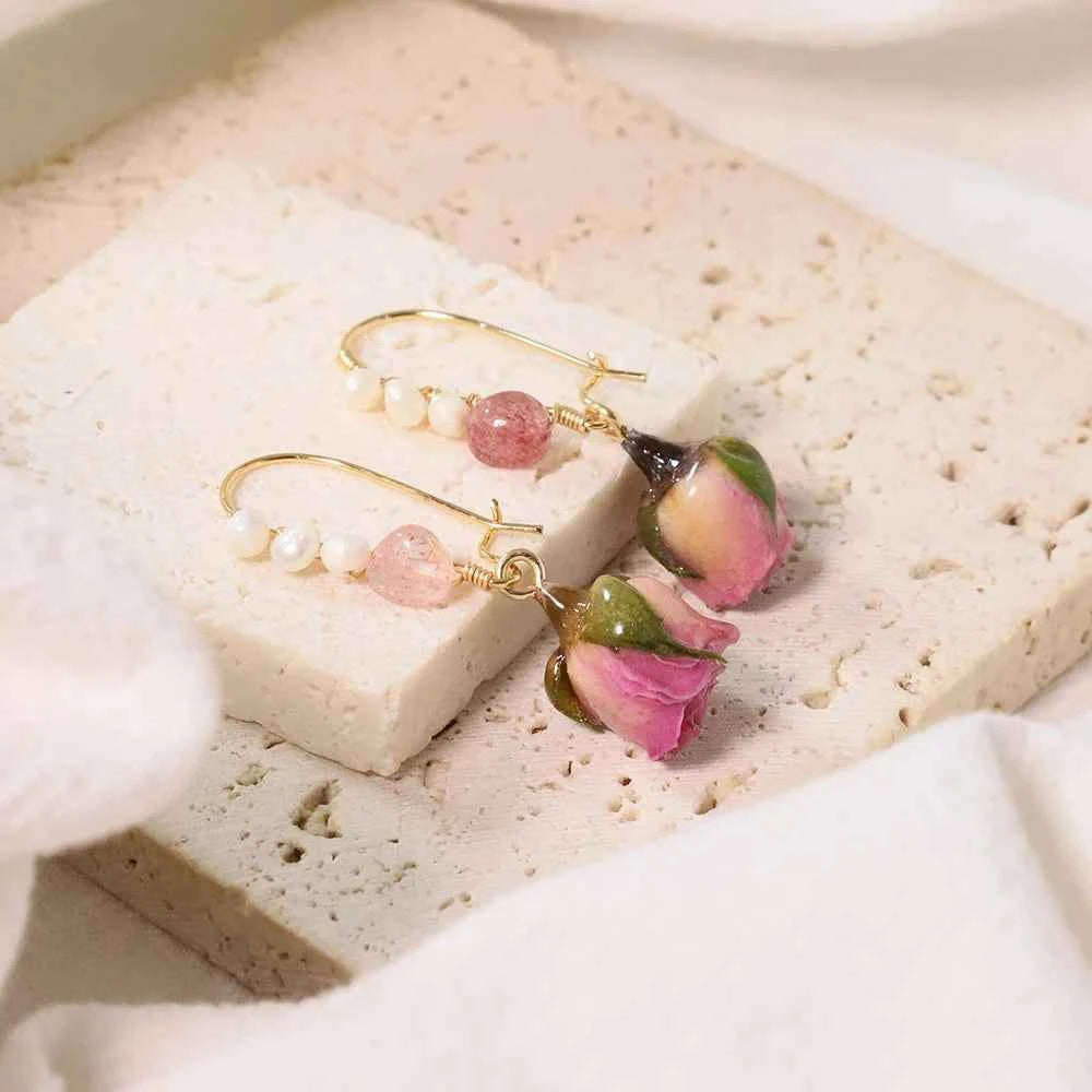 Natural Freshwater Pearl Drop Gel Flower Earrings Korean Style Women's Luxury Vintage Jewelry Fashion Ladies and Girls Gift