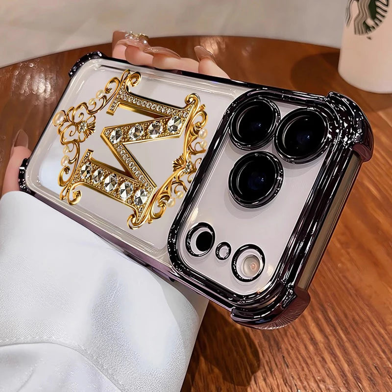 Diamond Golden "M" Pattern New Electroplated Transparent TPU Case For iPhone 17 Pro Max Air 16 15 14 Plus 11 12 13 Bumper Cover