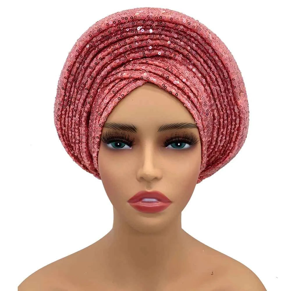 Sequins Auto Gele Headtie African Women's Head Wraps Fashion Turban Cap Nigeria Wedding Geles Already Made Head Ties Headpiece