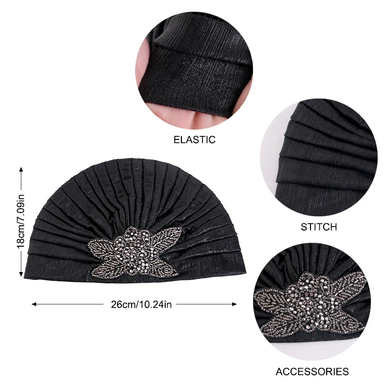 New Women Rhinestone Flower Pleated Turban Cap Ethnic Indian Hat Vintage Non Slip Head Band Chemo Cap Beanies Hair Accessories - NamafadStore