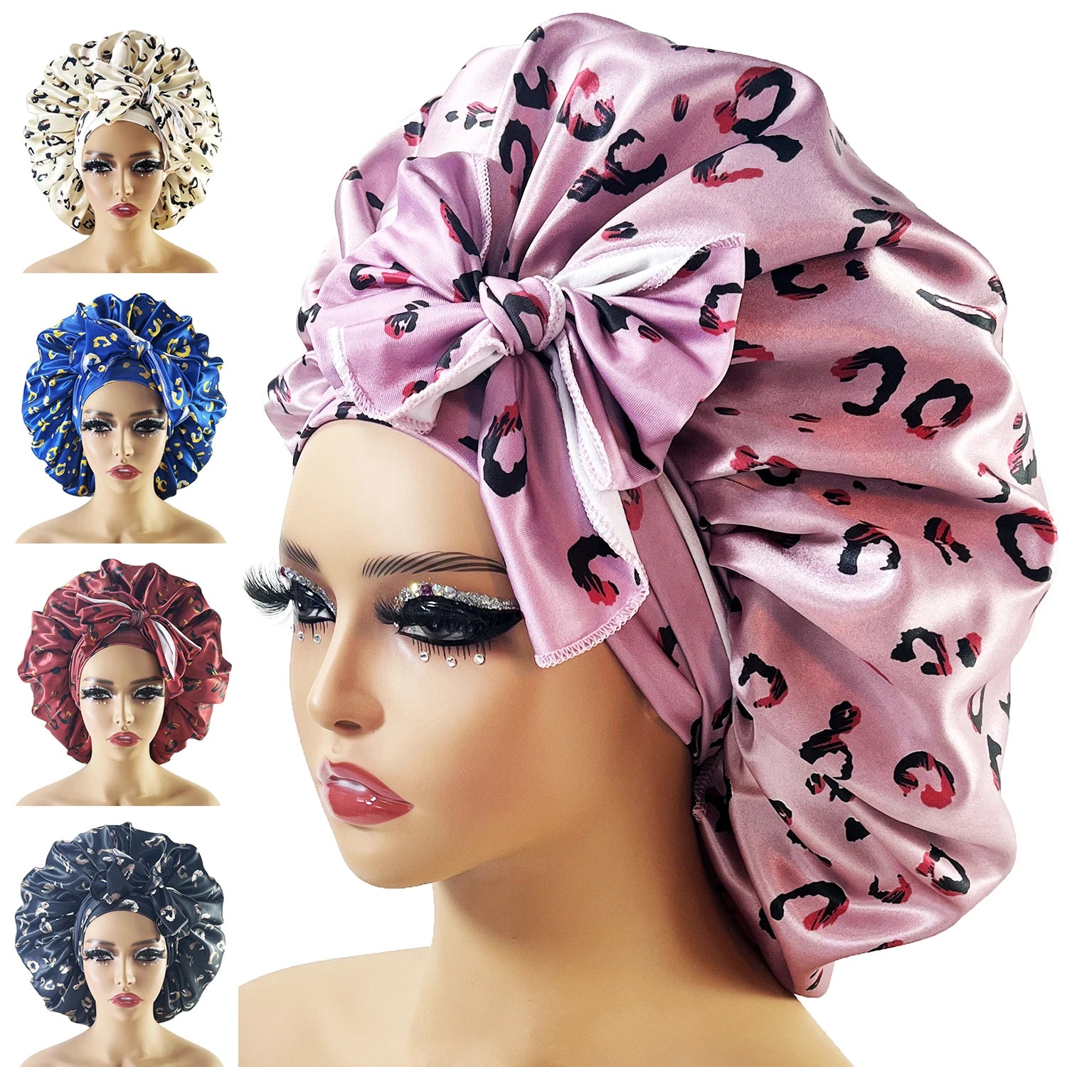 New Large Satin Bonnet Silk Night Sleeping Cap With Head Tie Band Bonnet Edge Wrap For Women Curly Braid Hair - NamafadStore