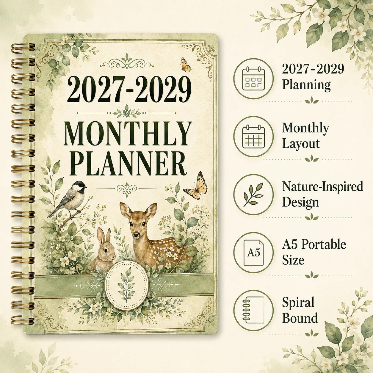 2027-2029 Forest Animal Wind Monthly Plan A5 Spiral Binding Schedule Booklet | Retro Plant Wind Long term Plan Book |