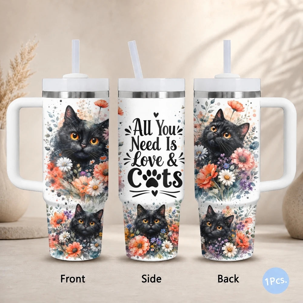 Cat & Floral 40oz Tumbler – Cute Stainless Steel Insulated Cup with Straw