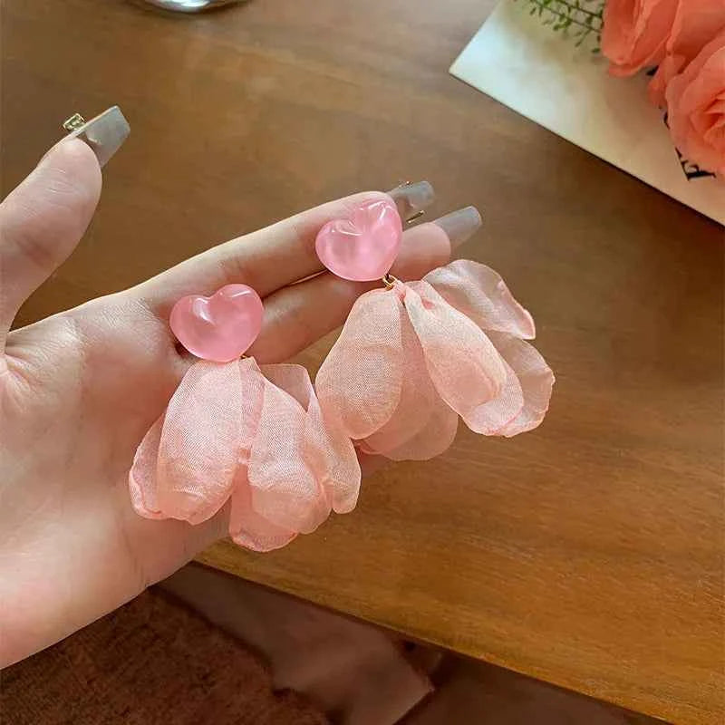 Vacation Style Flower Petal Earrings for Women New High-end Temperament Chiffon Earring Grand Super Fairy Sweet Earrings Серьги