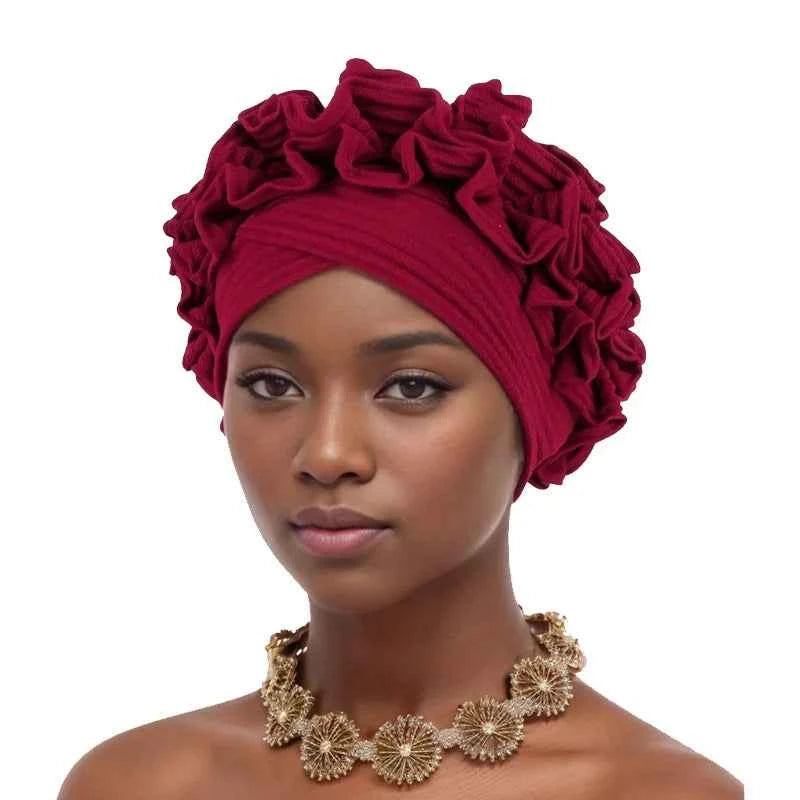 Ruffle Flower Women’s Turban Cap – African & Indian Headwrap, Muslim Bonnet Headscarf