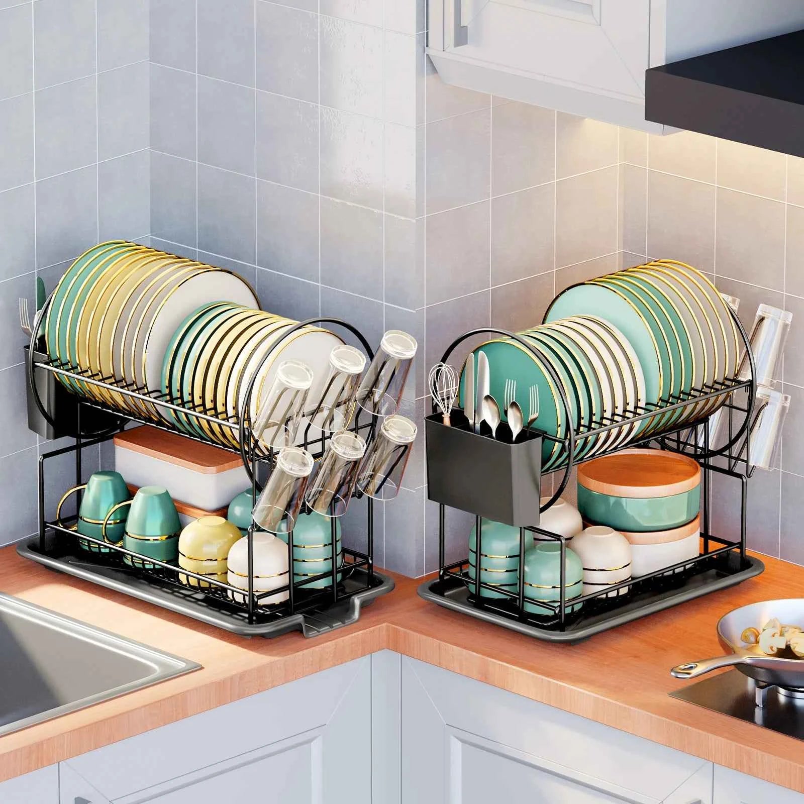 2 tier dish drying rack drain board set tableware drainer Kitchen countertop storage rack cup holder Knife and fork holder
