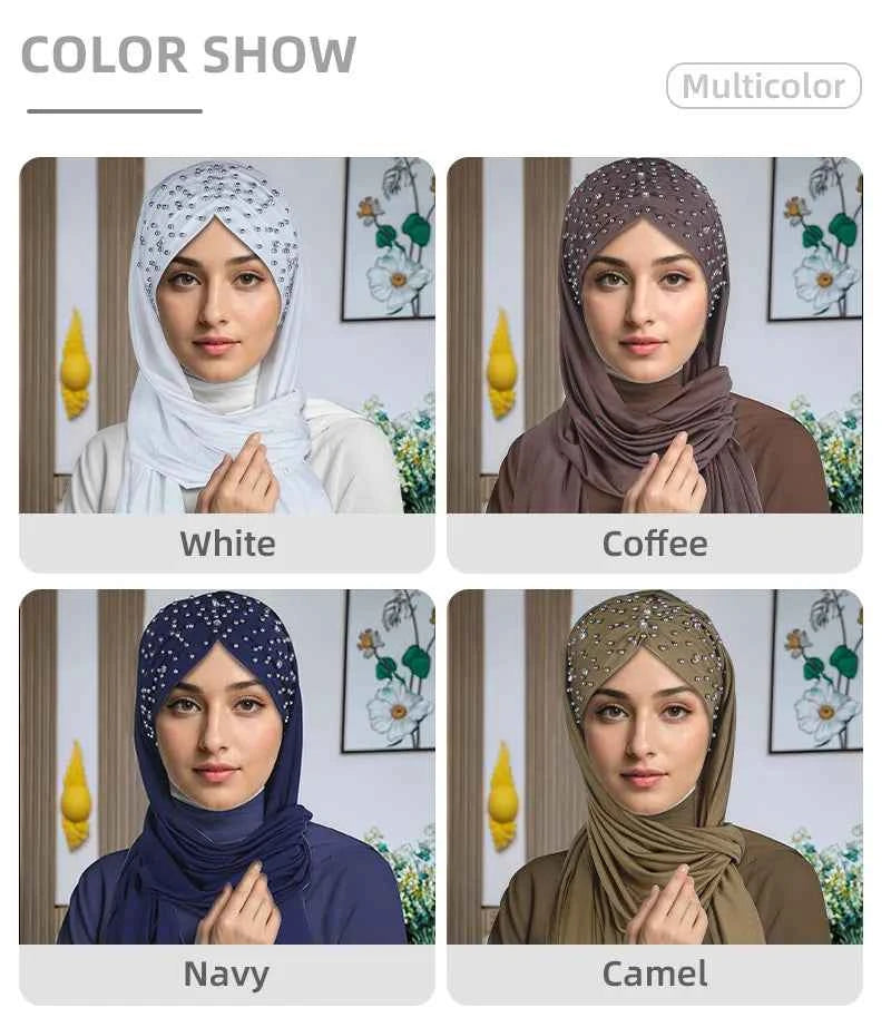 Instant Hijabs Hijab Scarf With Diamonds Jersey Caps Bonnet Brand Design Muslim Scarf Plain Pull On Ready Wear Wrap Head Cover
