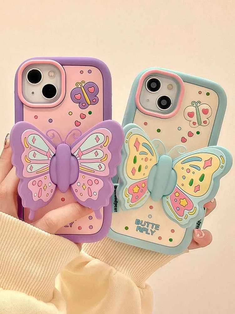 Ins Fashion Lovely Purple Butterfly Holder Stand Case For iPhone 17 15 14 13 16 Pro Max Soft Silicone Phone Cover