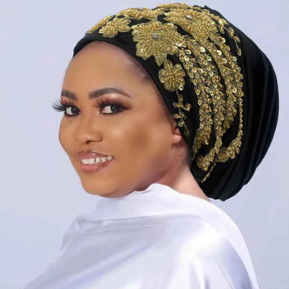 Luxury Embroidery Beading Pleated Turban Cap for Women African Female Wrap Head Bonnet Muslim Turban Hat  Lady Head Wraps - NamafadStore