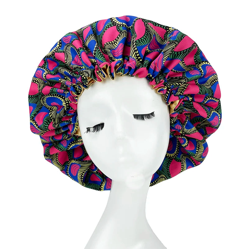 New Big Print Ankara Women Satin Bonnet Head Cover Silky Satin Elastic Sleep Cap Ladies Head Wrap Hat Hair Accessories Fashion - NamafadStore