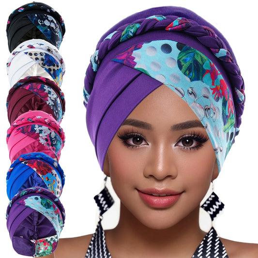 Boho Women Print Muslim Turban Scarf Braid Hijabs Cross Forehead Floral Headwear  Arab Wrap Head Scarf Hair Accessories Hat - NamafadStore